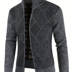 Argyle Texture Warm Plush Cardigan Zip Up Sweater