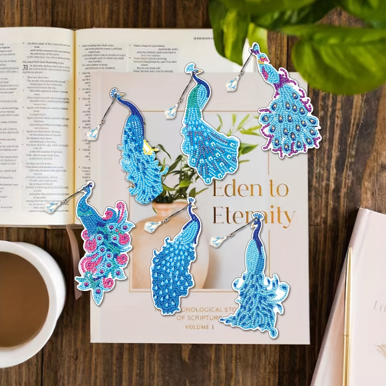 6packs Diamond Painting Bookmarks With Tassels DIY, Resin Water Drill Peacock Fe