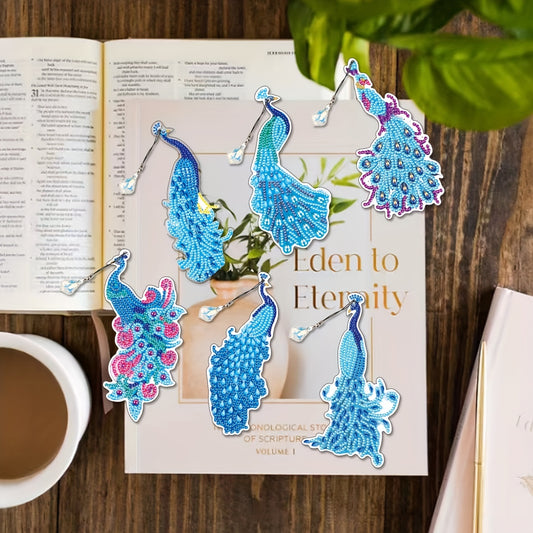 6packs Diamond Painting Bookmarks With Tassels DIY, Resin Water Drill Peacock Fe