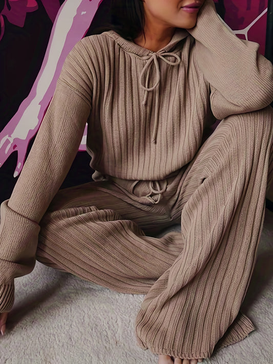 Ribbed Knit Hooded Sweater & Pants Set