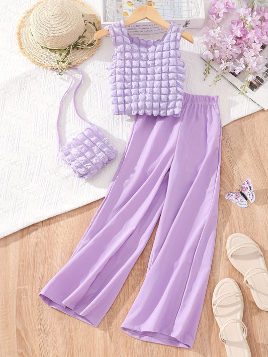 Girls 3pcs Sleeveless Top & Long Pants & Crossbody Bag Set for Spring and Summer