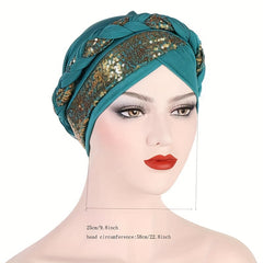 Sequin Pre-tied Turban Cap Crossed Head Wrap Bonnet Solid Beanie Chemo Hats