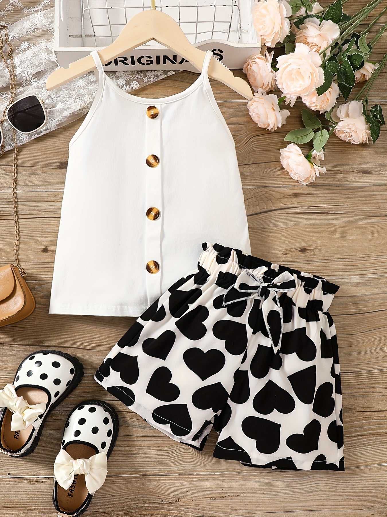 2pcs Girls Button Cami Top & Floral Shorts Set Kids Summer Clothes