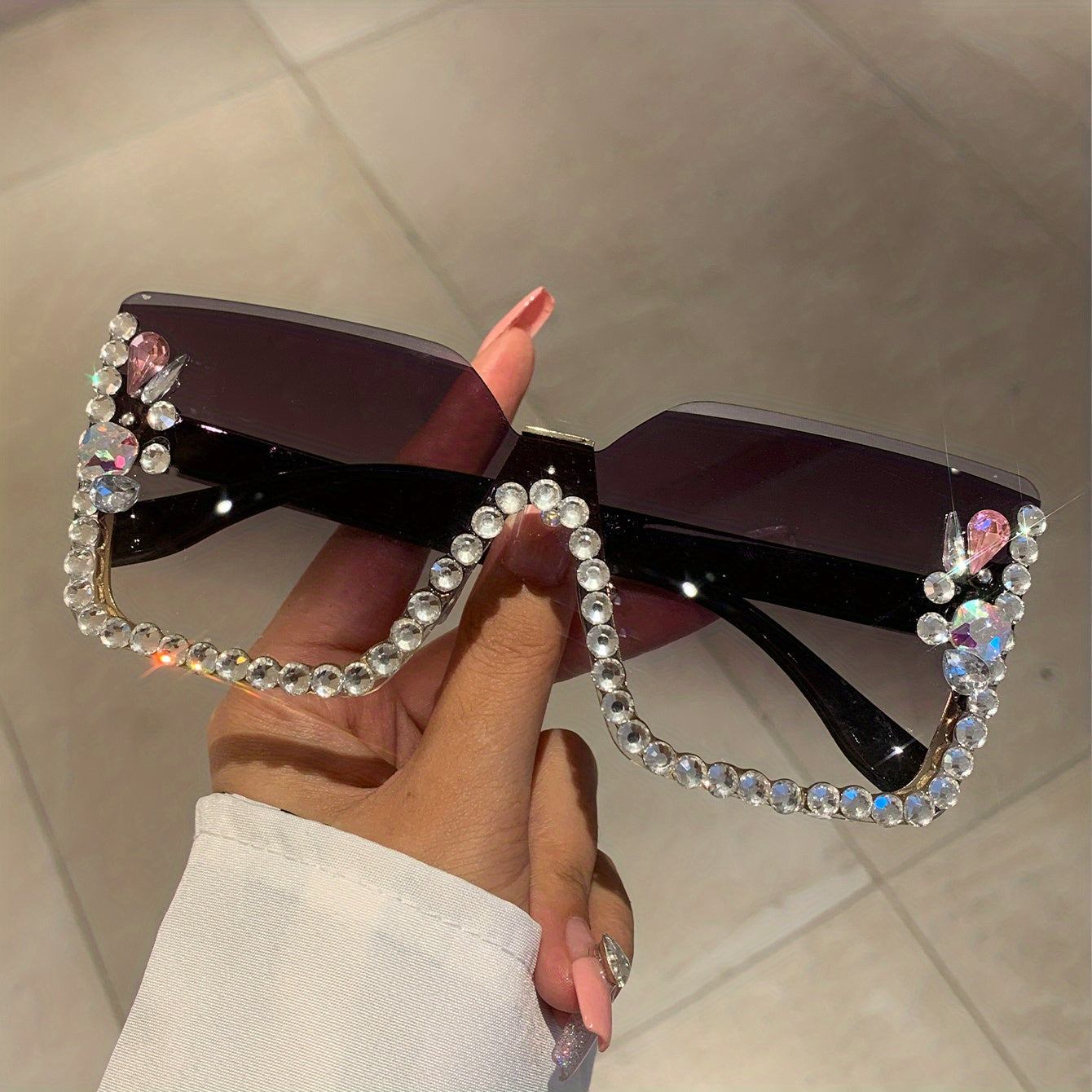 Square Rimless Sunglasses Rhinestone UV400 Shades