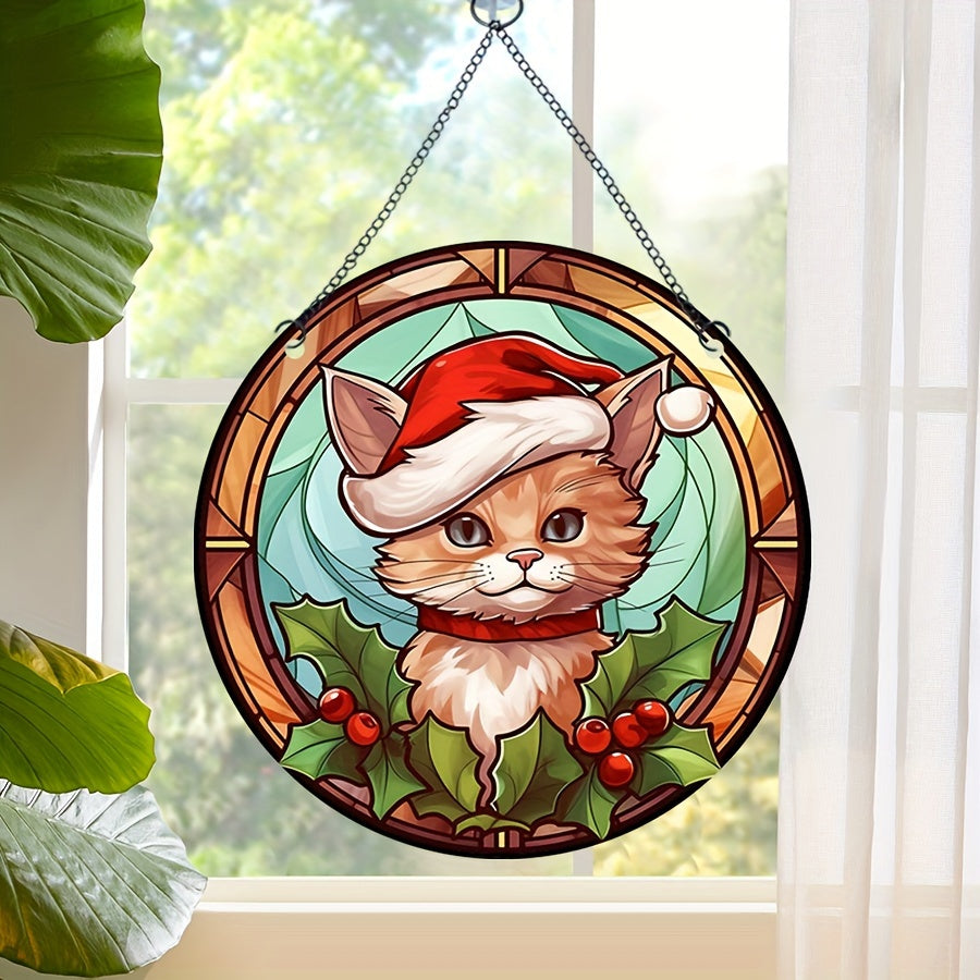 1pc Acrylic Round Christmas Cat Window Decoration
