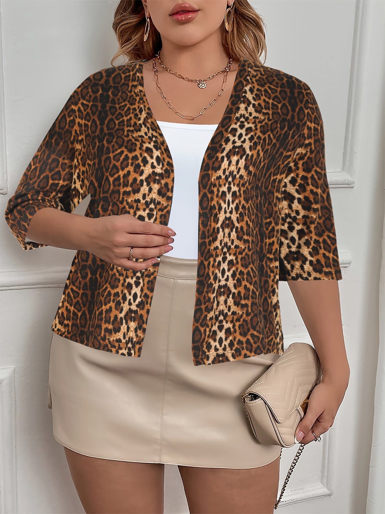  Leopard Print Open Front Three Quarter Sleeve Cardigan