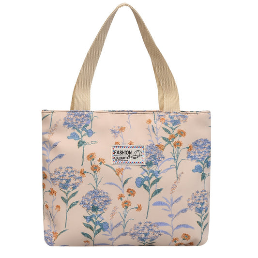 Floral Print Tote Bag Nylon Shoulder Handbag for Commuting & Traveling