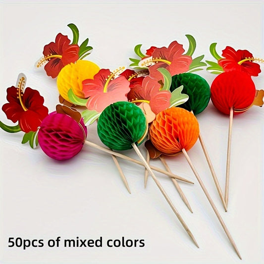 50pcs Hawaiian Hibiscus Fruit Skewers Disposable 3D Honeycomb