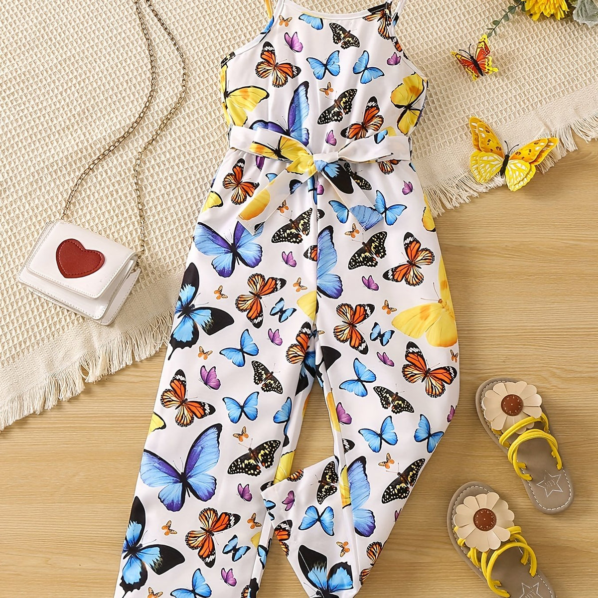 Toddler Girls Butterfly Graphic Belted Cami Rompers Wide Leg Jumpsuits
