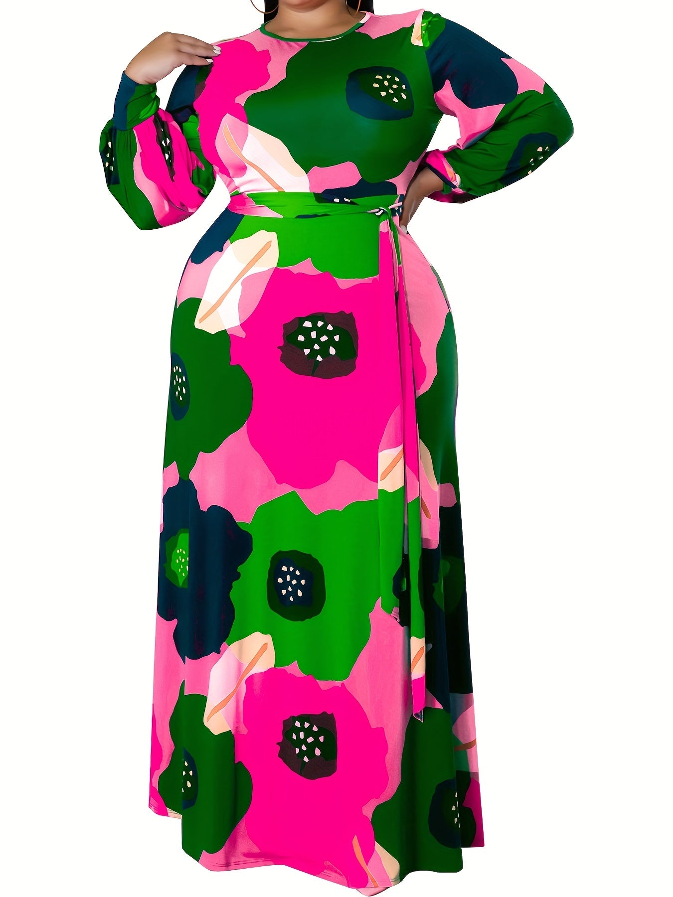 Floral Print Lantern Sleeve Maxi Dress With Belt