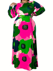 Floral Print Lantern Sleeve Maxi Dress With Belt