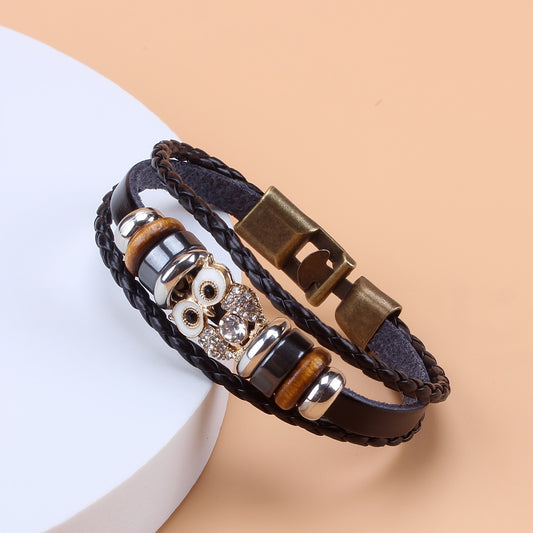 Vintage Owl PU Leather Bracelet with Zircon