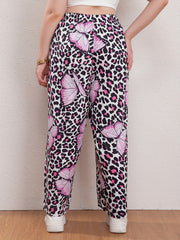  Leopard & Butterfly Print High Rise Wide Leg Trousers