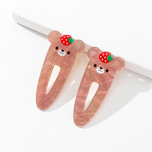 2pcs Bear Strawberry Hair Clip Cartoon Animal Fruit Hair Accessories