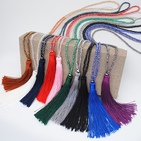 Multicolor Crystal Beaded Necklace Tassel Pendant Long Sweater Chain