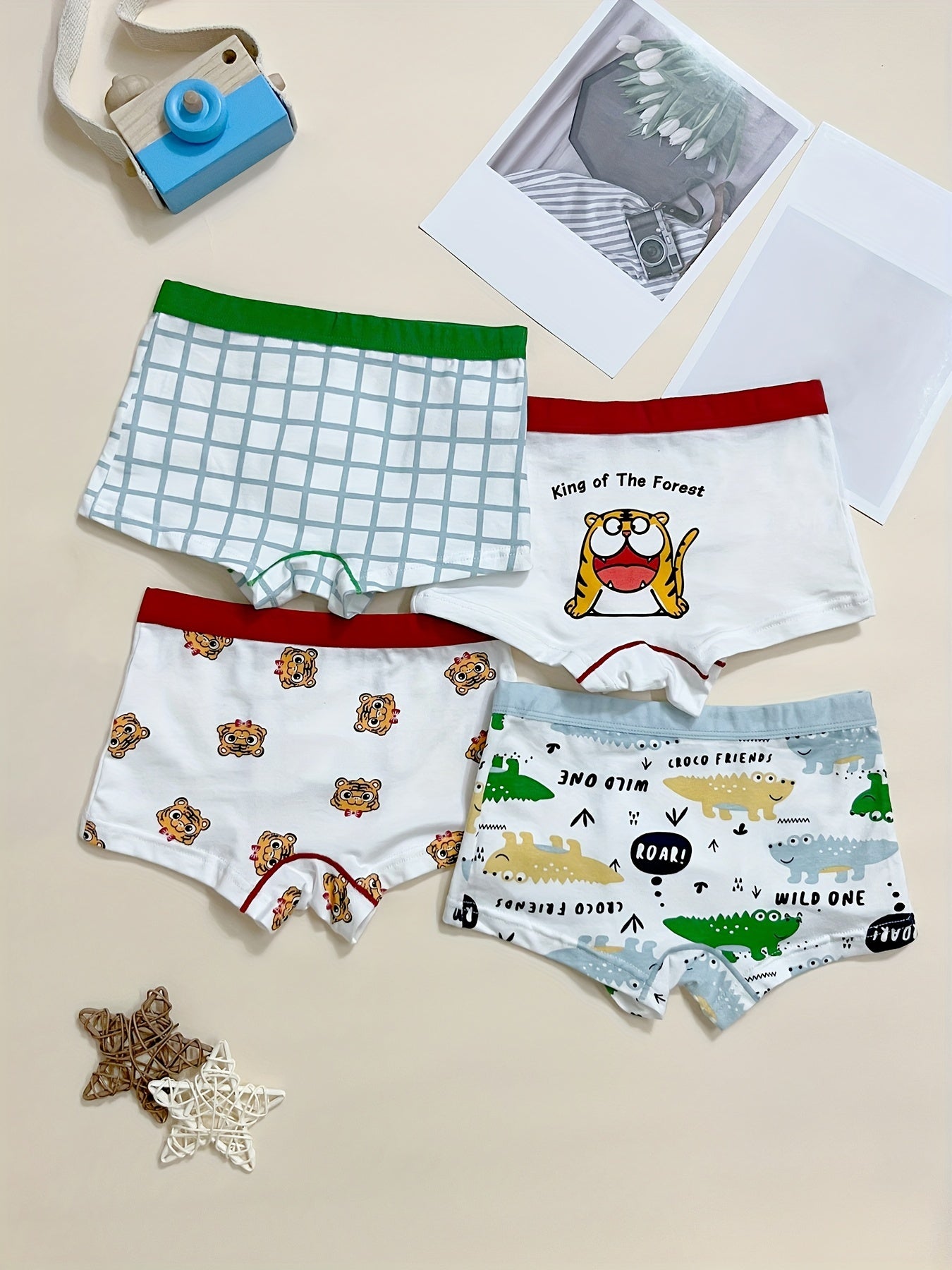 4pcs Boys Crocodile Plaid Boxer Briefs Soft Comfortable Kids Clothes