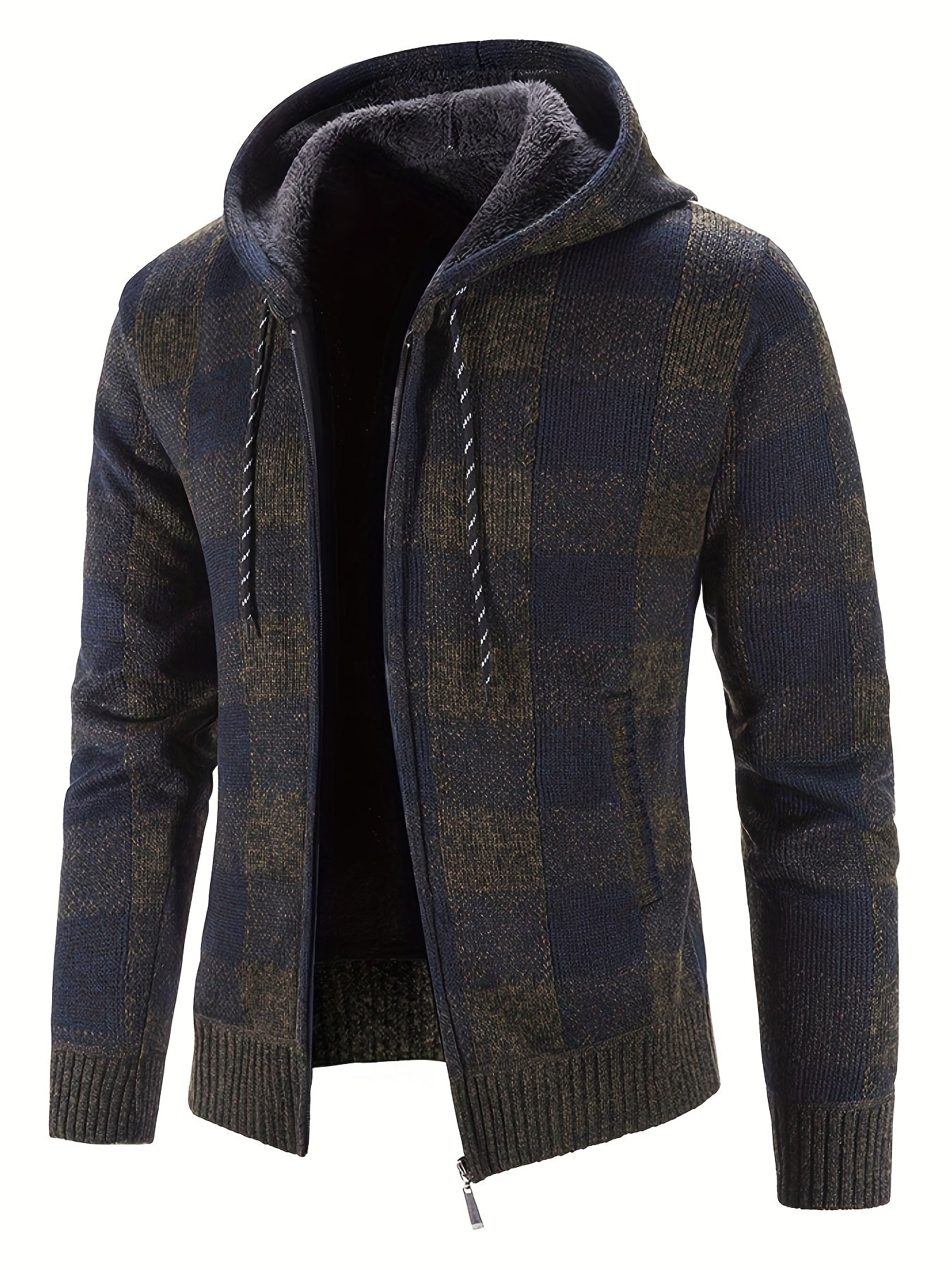 Men's Full Zip Up Casual Hooded Cardigan Plaid Sweater Jacket