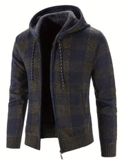 Men's Full Zip Up Casual Hooded Cardigan Plaid Sweater Jacket