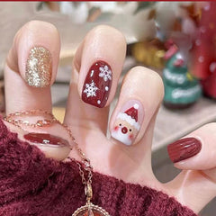 24 pcs Santa Claus Snow False Nails Short Press On Nails for Women Girls Teens