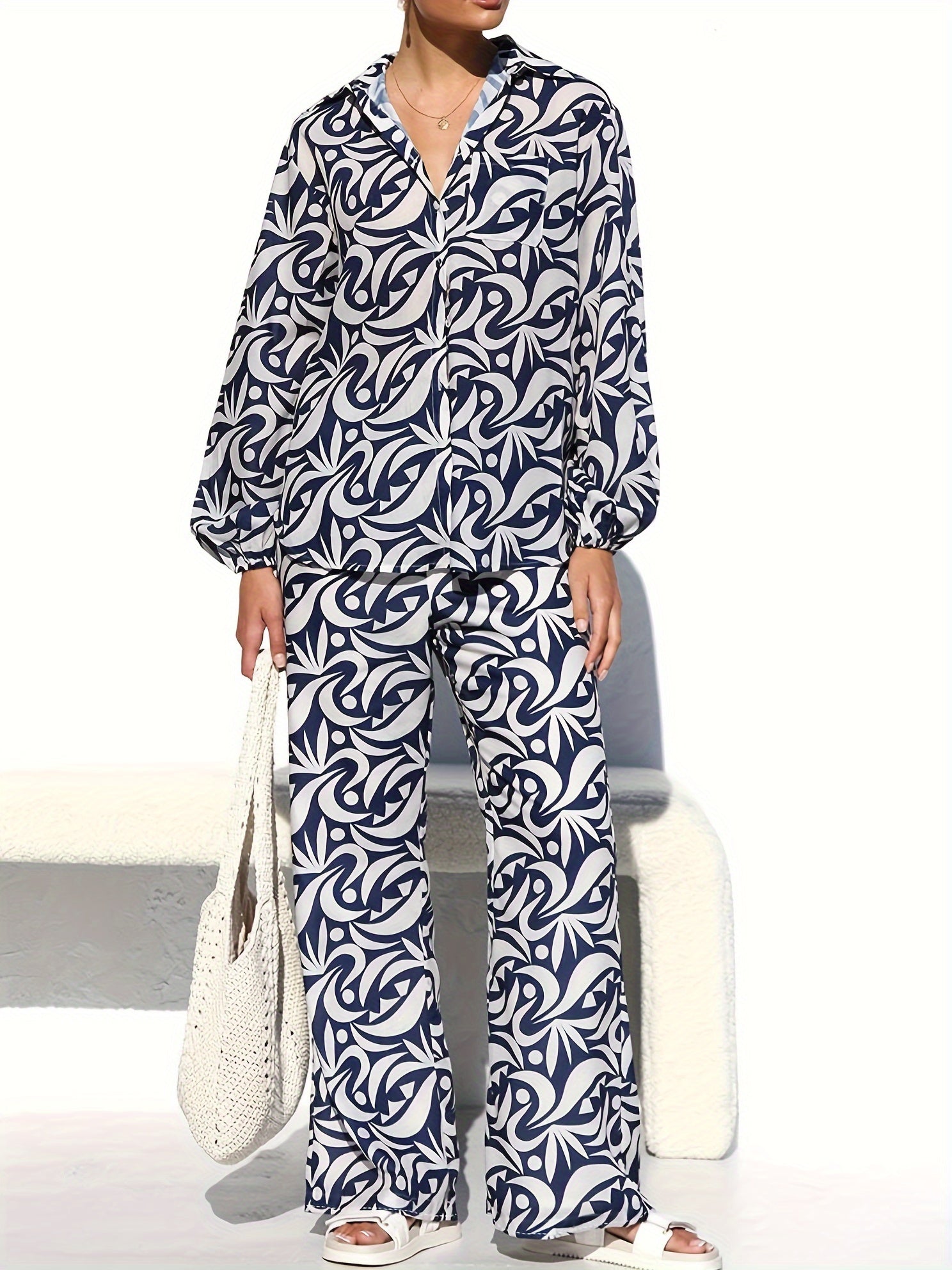  Allover Print Blouse & Pants 2 Piece Set