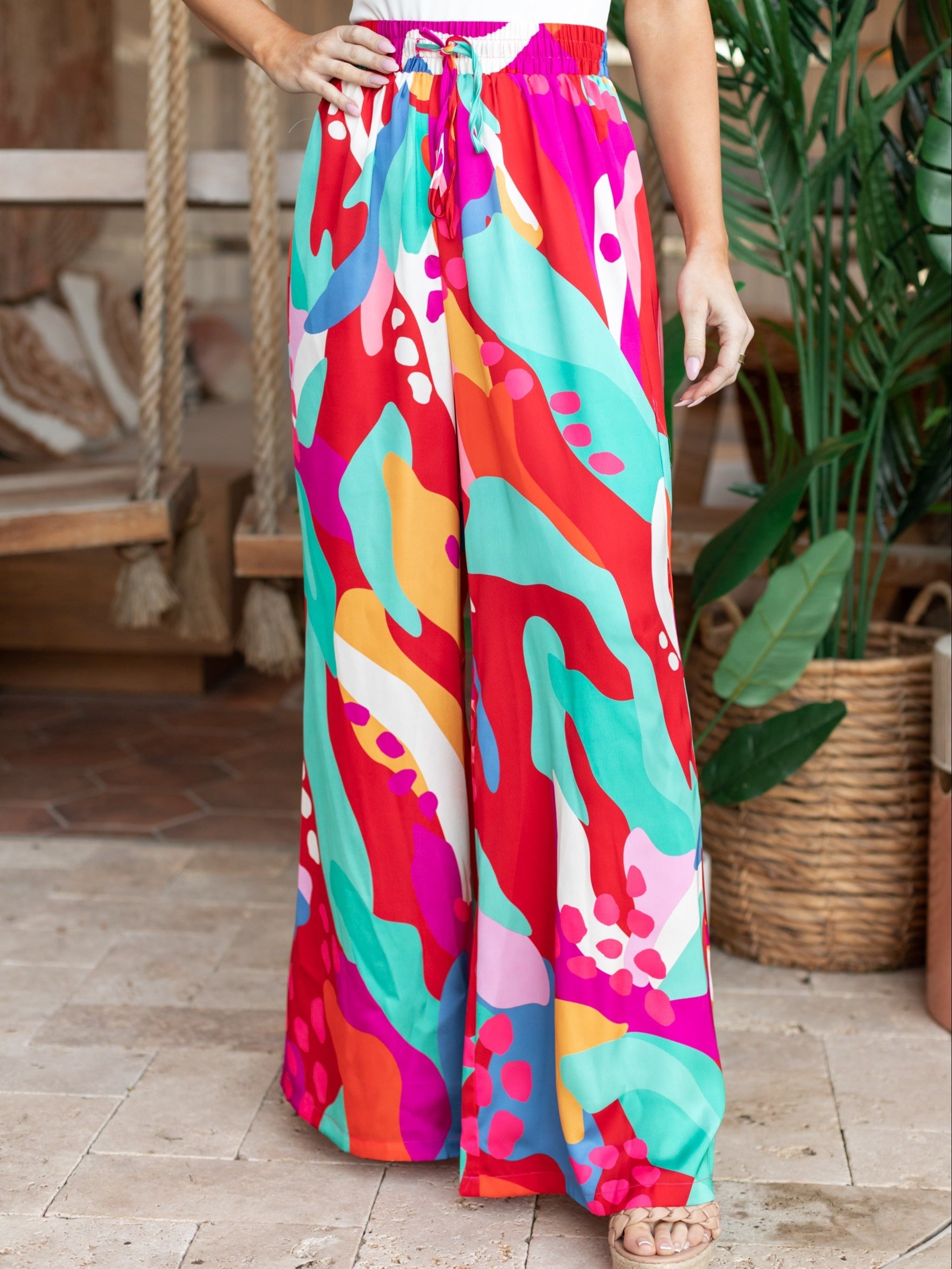  Boho Pants Women's Plus Contrast Print Wide Leg Trousers