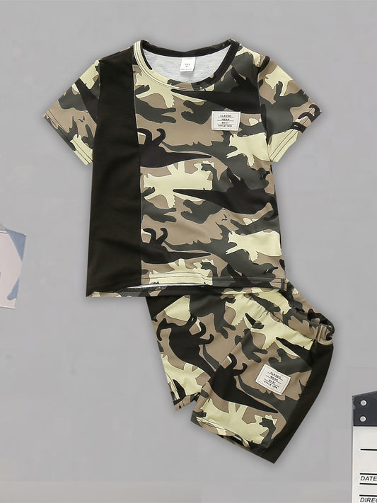Boys Dino Print Camo T shirt & Shorts Set Kids Summer Clothes