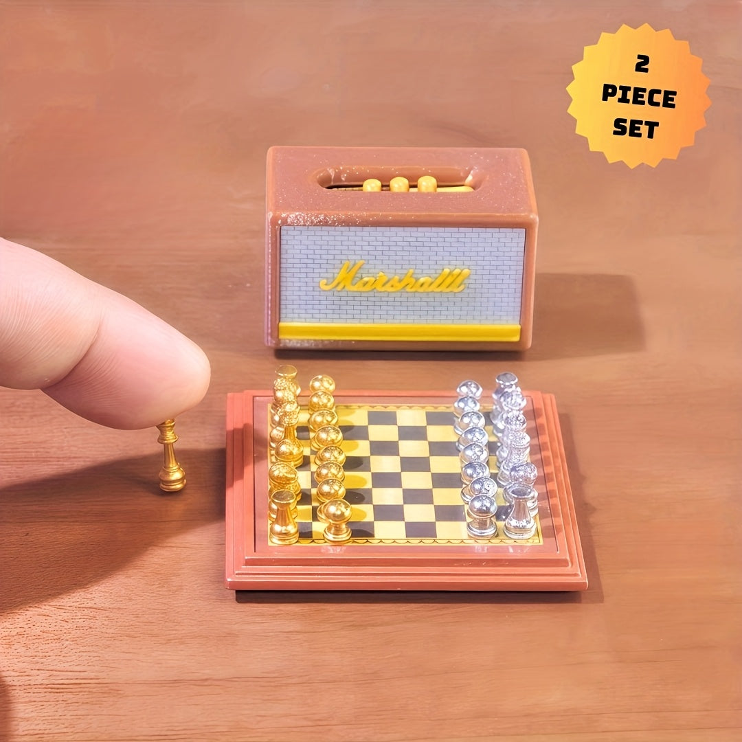 Mini Retro Speaker & Magnetic Chess Set 1/6 Scale - Gift & Dollhouse Accessory