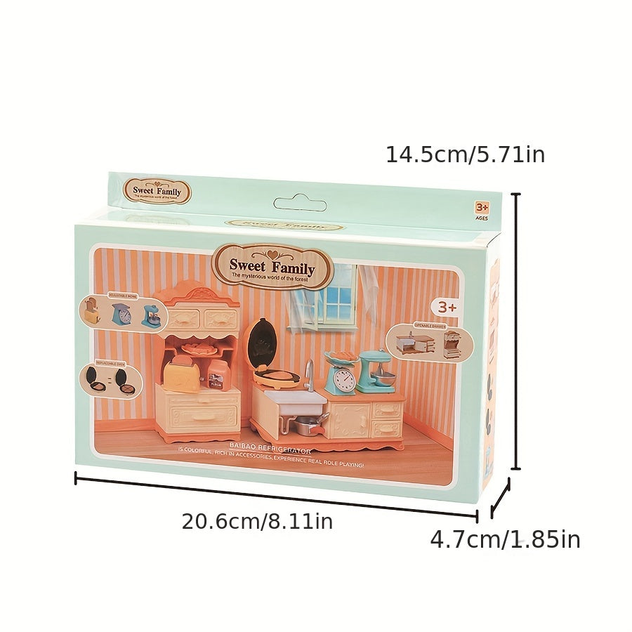 Dollhouse Kitchen Set with Dining Table & Cabinet Pretend Play Toy