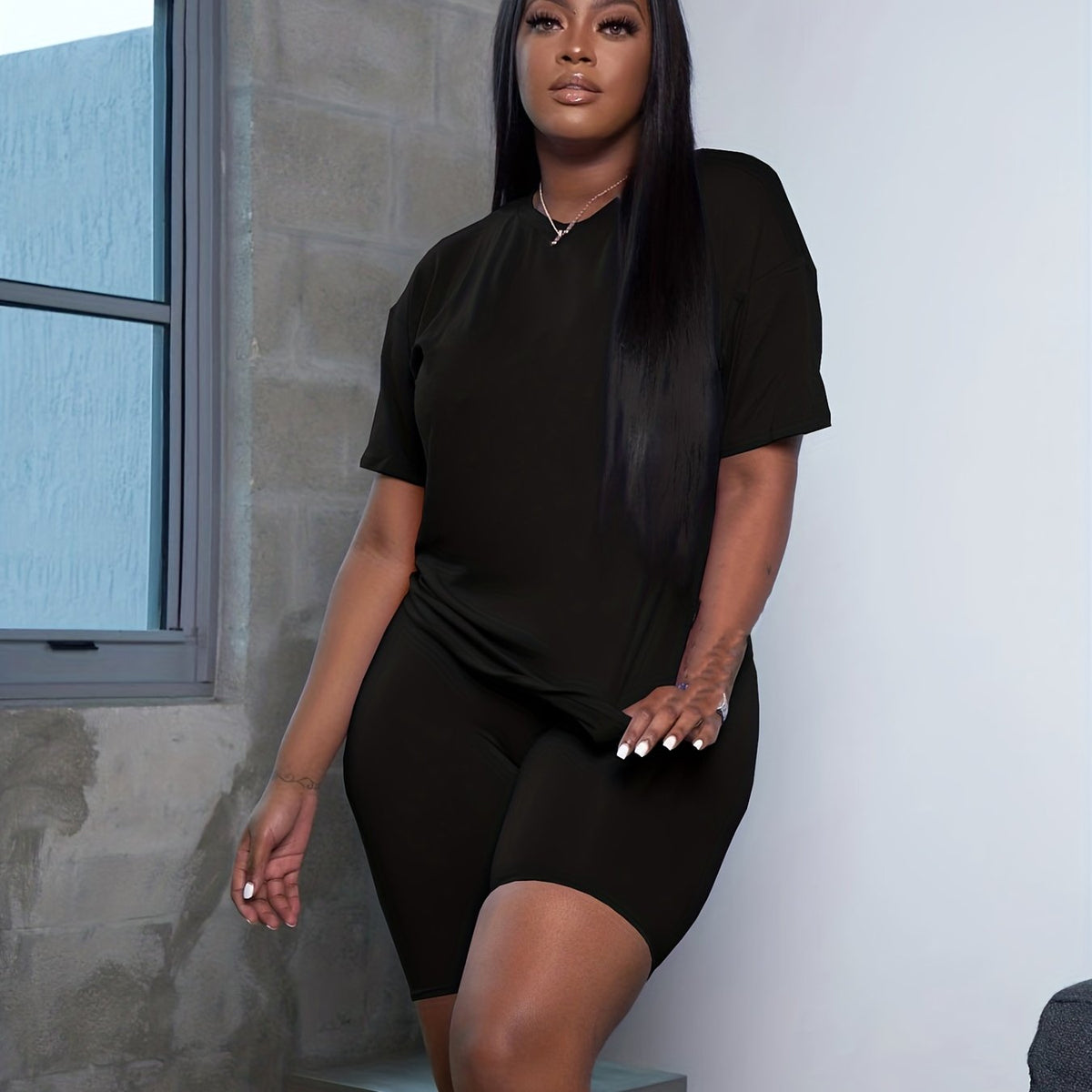 Solid Two-piece Set Short Sleeve T-shirt & High Waist Shorts