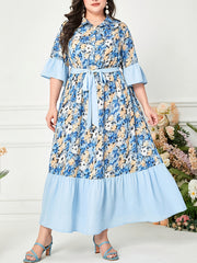  Dress Colorblock Floral Print Ruffle Trim Maxi Dress