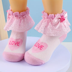 3 Pairs Kids Heart Graphic Lace Trim Princess Crew Socks