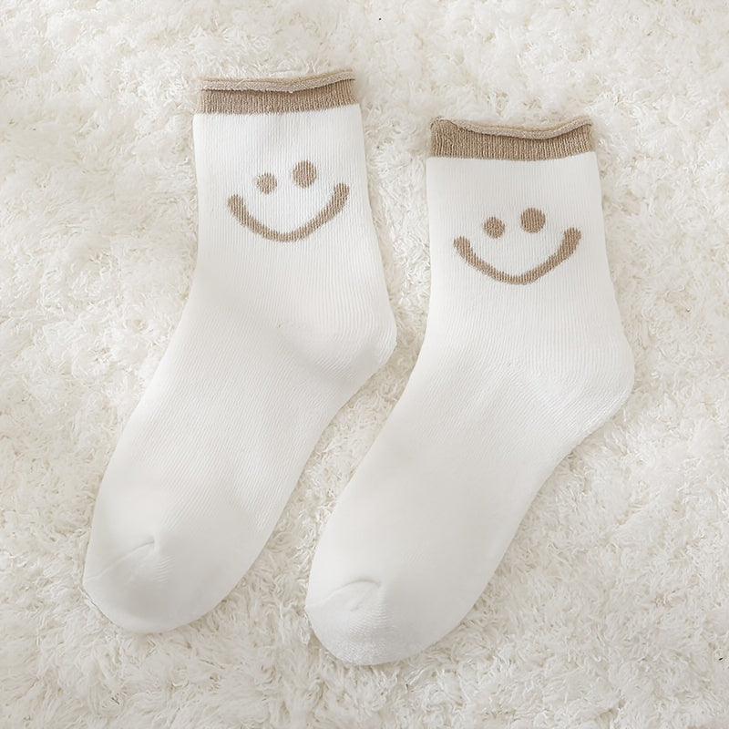 6 Pairs Smiling Face Print Socks - Women's Mid Tube Stockings
