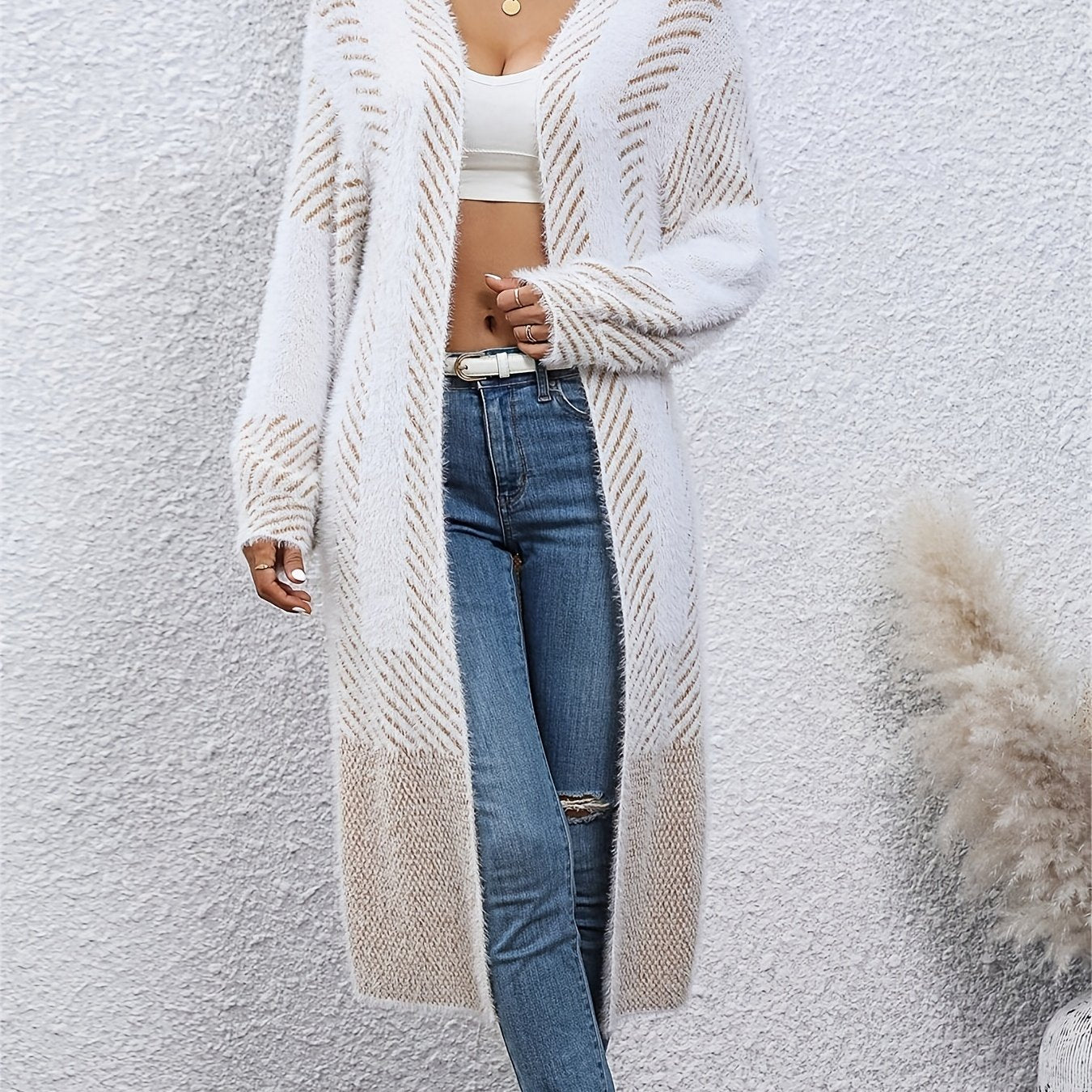 Striped Knitted Open Front Cardigan Vintage Long Sleeve Cardigan