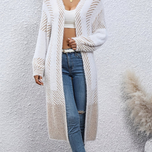 Striped Knitted Open Front Cardigan Vintage Long Sleeve Cardigan