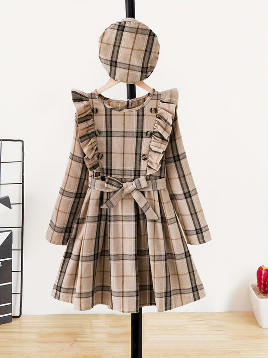 Girls Plaid Ruffle Trim A Line Dress
