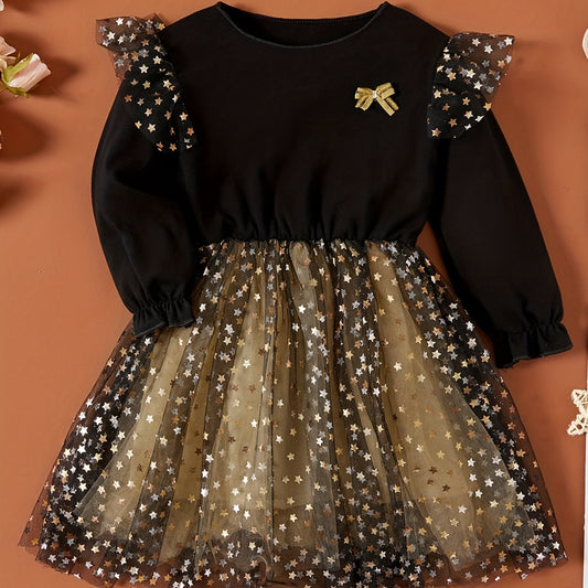 Sequin Stars Tulle Dress Long Sleeve Party Outfit