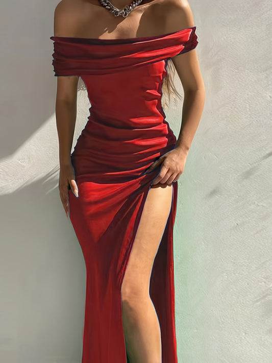 Off Shoulder Slit Maxi Dress Formal Evening Party Solid Sleeveless Dress