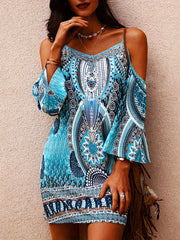 Ethnic Floral Cold Shoulder Dress Boho Summer Mini Cami Dress