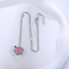 Y2K Love Heart Pendant Necklace Pink Crystal Punk Clavicle Chain