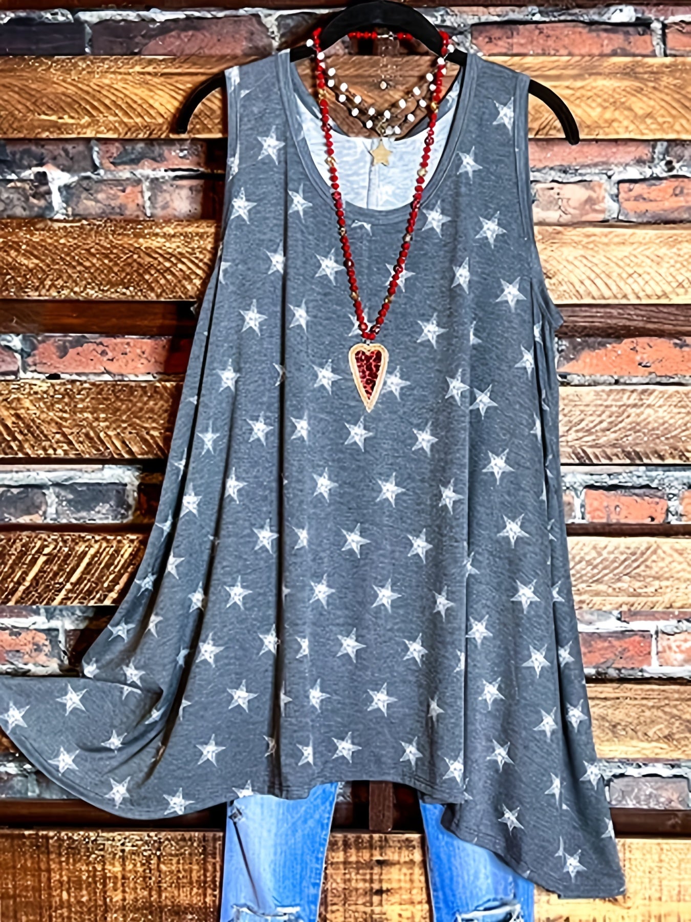  Star Print Round Neck Tank Top