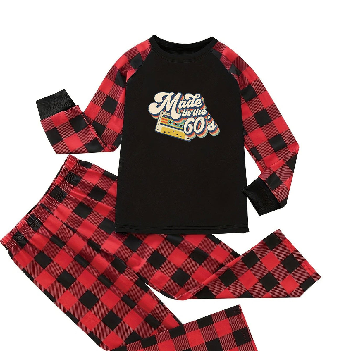  '60s' Letter & Plaid Print Pajama Set