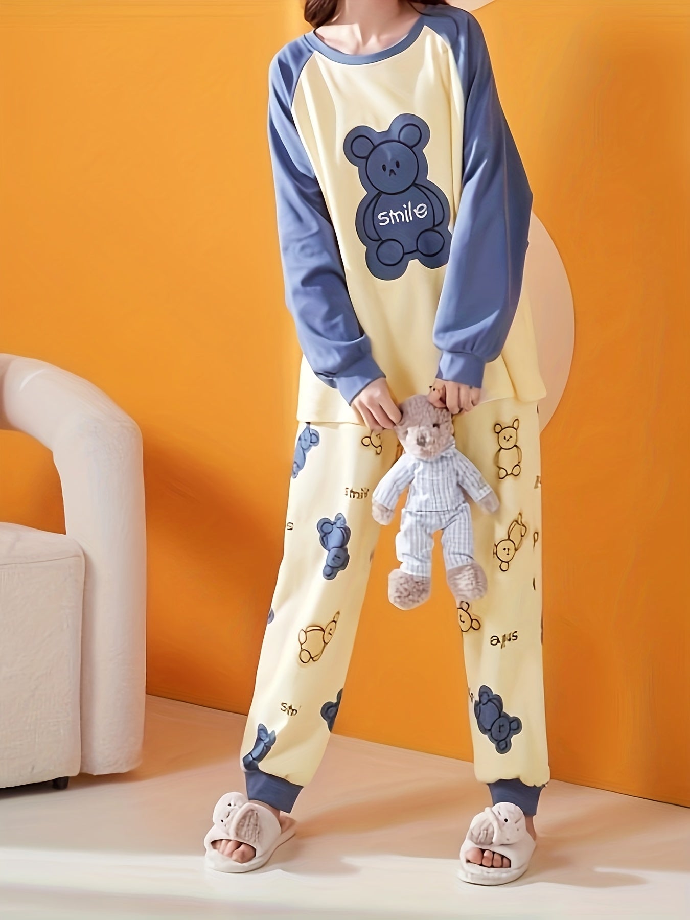 Bear Print Pajama Set Long Sleeve Top & Pants Women's Sleepwear