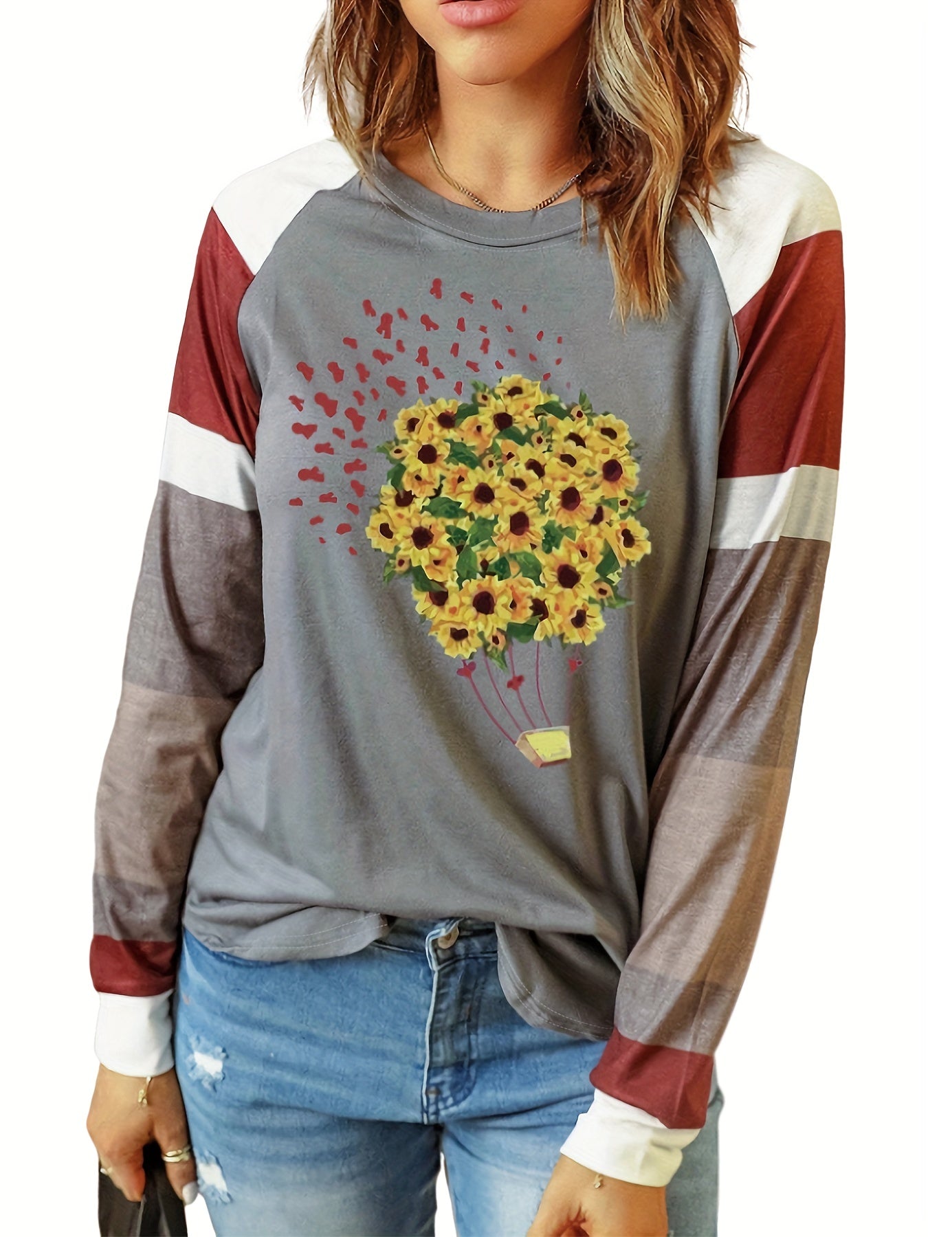  Colorblock Floral Print Knit Top Long Sleeve Round Neck Jumper