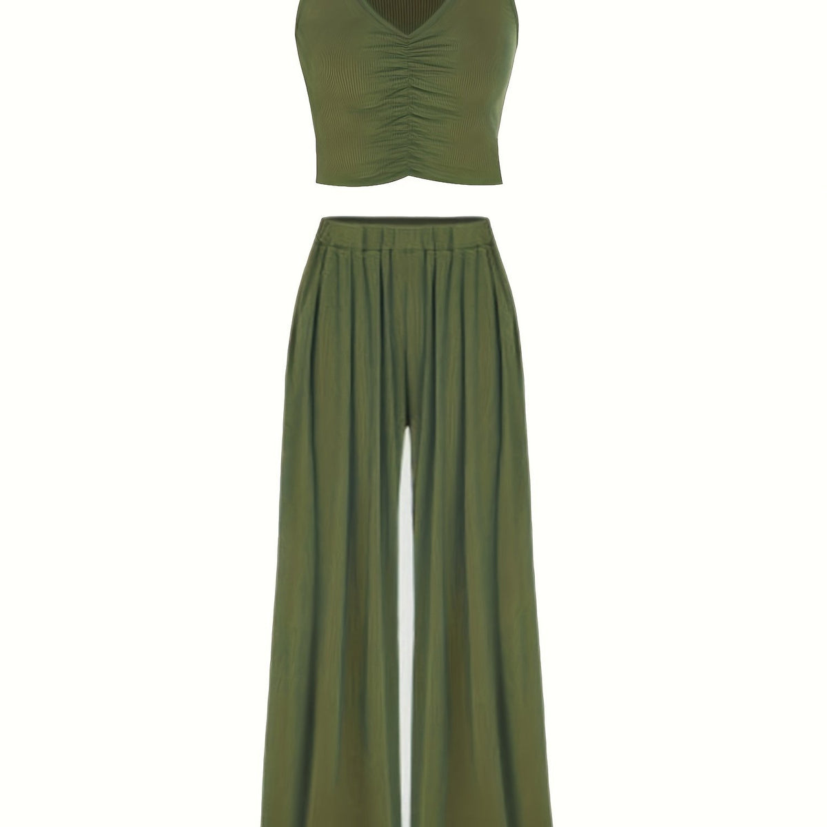 Solid Two Piece Set Sleeveless V Neck Tank Top & Wide Leg Pants