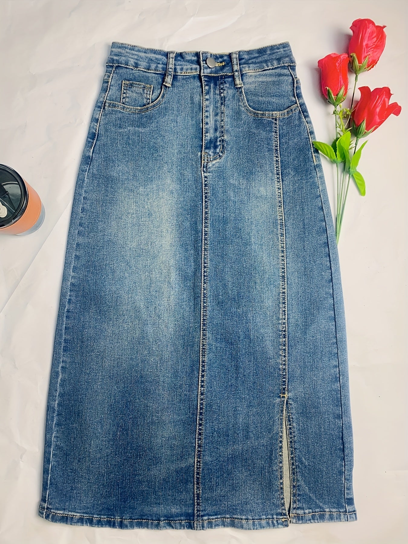 Vintage Washed Midi Denim Skirt Solid Slash Pocket Women's Jeans