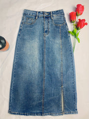 Vintage Washed Midi Denim Skirt Solid Slash Pocket Women's Jeans