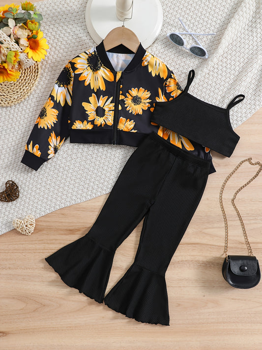 Girls 3pcs Sunflower Print Set - Cami Crop Tops, Flare Leg Pants, Zipper Jacket