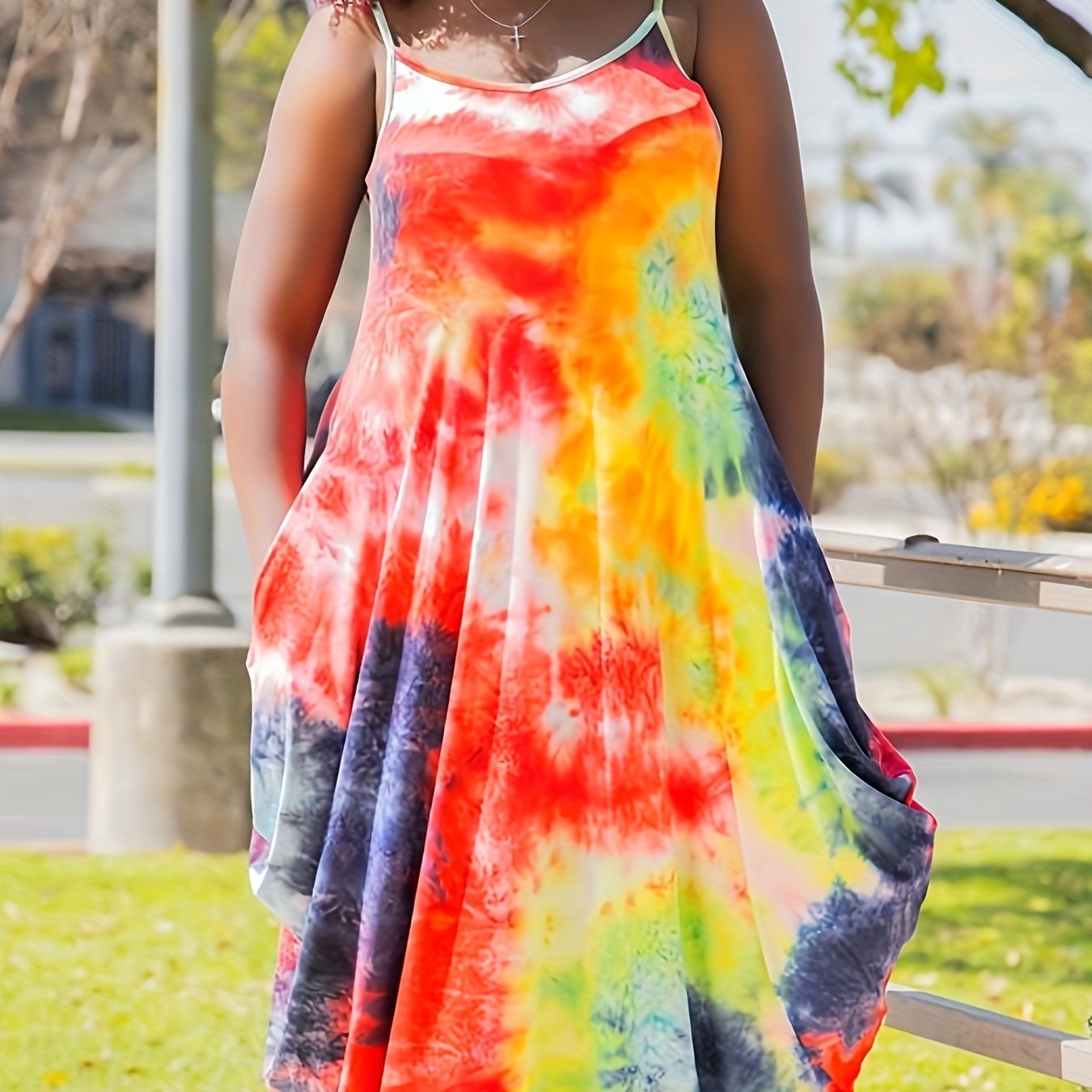  Tie Dye Print Colorblock Cami Dress With Pocket