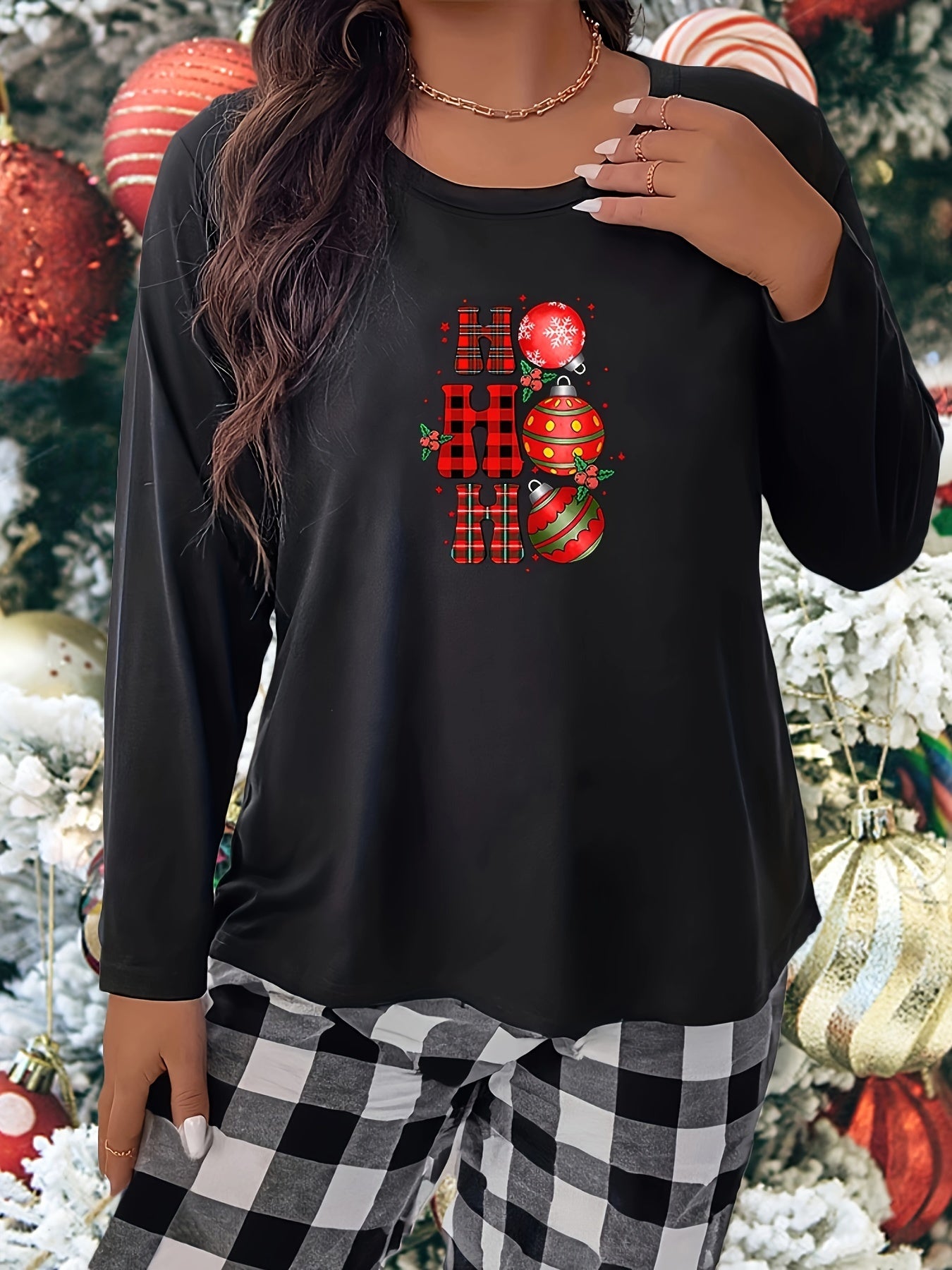  Christmas Bell & Plaid Graphic Long Sleeve Top