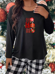  Christmas Bell & Plaid Graphic Long Sleeve Top